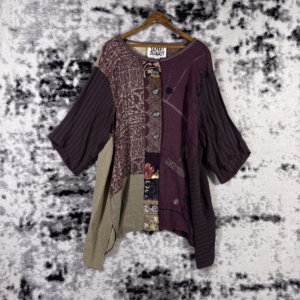 Donna Jessica Top Womens One Size Patchwork Wide Sleeve Button Up Boat Neck Boho